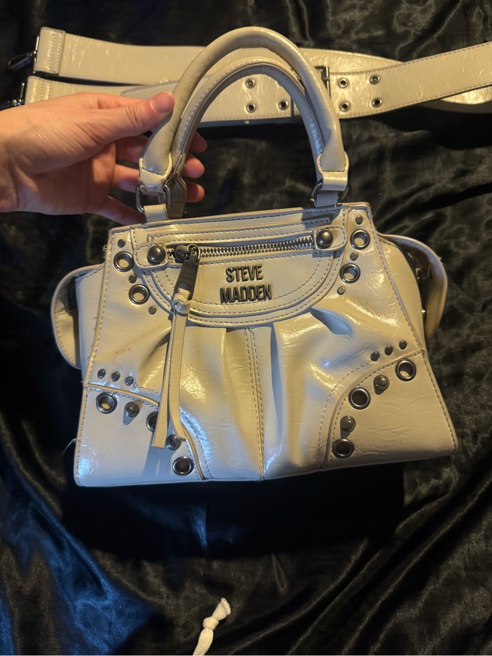 Steve Madden Cream Patent Mini Satchel with Stud Accents